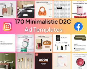170 plantillas minimalistas y otras plantillas de anuncios D2C, plantillas meta y plantillas de anuncios de Instagram / Plantillas editables de Canva - Listas para usar / Copiar y pegar