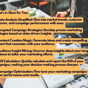 Marketing analytics ChatGPT toolkit slide with orange text boxes listing data analysis, campaign strategies, content creation, audience insights, ROI calculation, and optimization benefits.