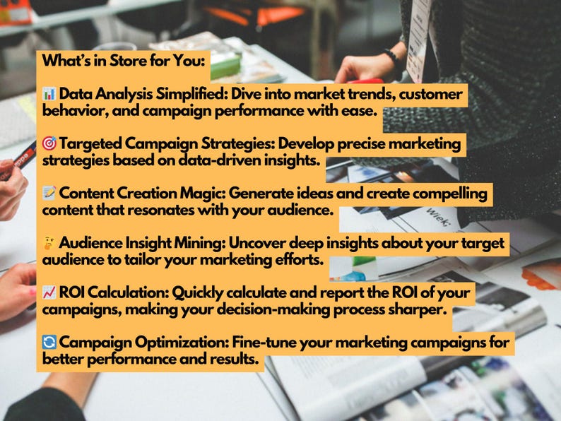 Marketing analytics ChatGPT toolkit slide with orange text boxes listing data analysis, campaign strategies, content creation, audience insights, ROI calculation, and optimization benefits.