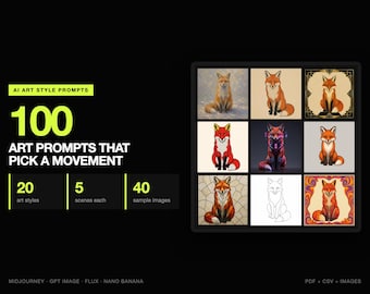 100 AI Art Style Prompts, 20 Styles | Impressionism, Ukiyo-e, Art Deco, Pop Art, Cyberpunk, Pixel Art | 40 Sample Images