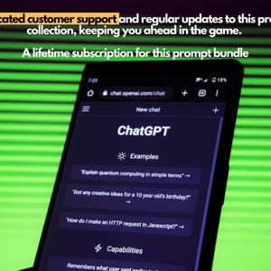 Smartphone displaying ChatGPT chat screen on a green background with text highlighting dedicated customer support, regular updates, and lifetime subscription for a prompt bundle.
