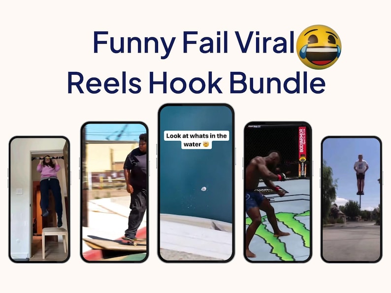 Cover graphic with text Funny Fail Viral Reels Hook Bundle, laughing emoji, and five smartphone screenshots showing funny fail reel clips and viral reels hook examples.