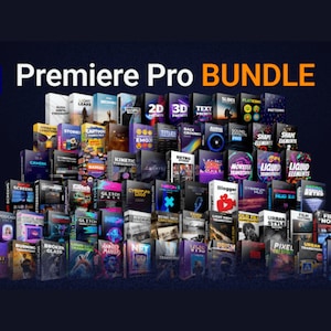 Op de afbeelding: Een verzameling Premiere Pro video-effecten en overgangen in een kleurrijk display. De tekst "Premiere Pro BUNDLE" staat bovenaan de afbeelding.