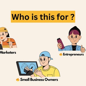 Graphic titled “Who is this for?” with illustrated Marketers, Entrepreneurs, and Small Business Owners, presenting a ChatGPT for marketing analytics digital download toolkit audience overview.