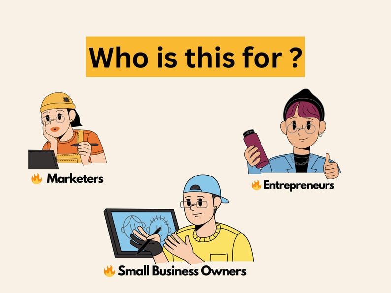 Graphic titled “Who is this for?” with illustrated Marketers, Entrepreneurs, and Small Business Owners, presenting a ChatGPT for marketing analytics digital download toolkit audience overview.