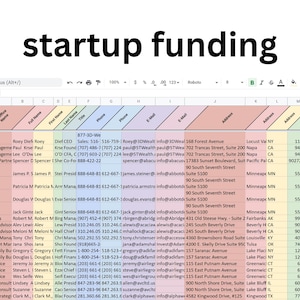 May include: A spreadsheet with a list of startup companies and their funding information. The spreadsheet includes columns for company name, full name, first name, last name, title, phone number, email address, and address. The spreadsheet is titled "startup funding".