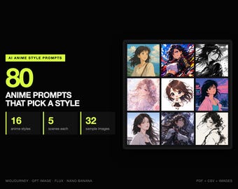 80 AI Anime Style Prompts, 16 Styles | Ghibli, Shonen, Webtoon, Noir Manga, Chibi, Vaporwave | 32 Sample Images, Midjourney Flux