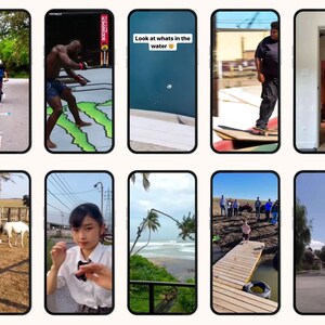 Collage of 10 vertical phone clips showing biking, skateboarding, pull-up and outdoor mishaps, demonstrating funny fails reels content for TikTok, CapCut and Canva editing.