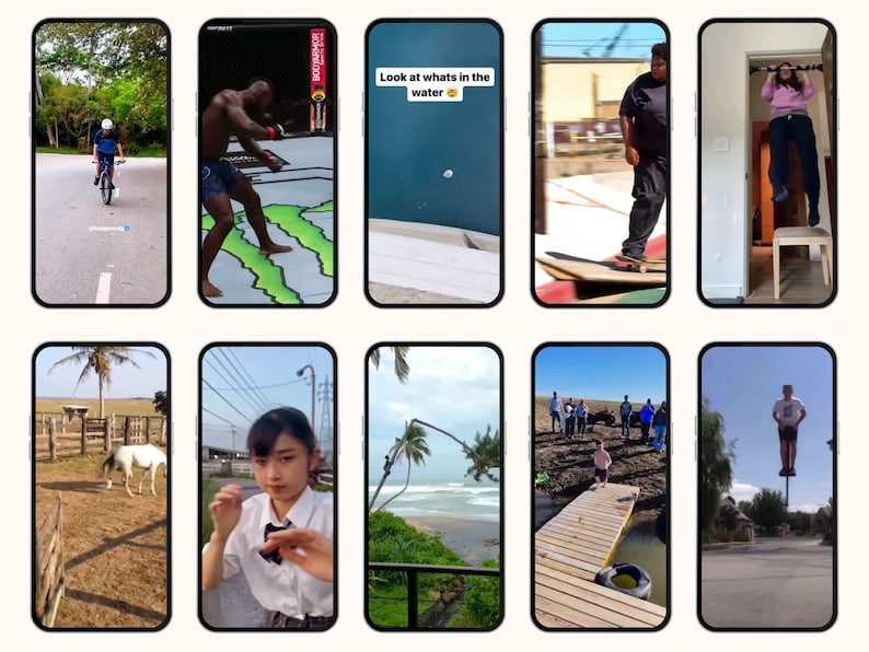 Collage of 10 vertical phone clips showing biking, skateboarding, pull-up and outdoor mishaps, demonstrating funny fails reels content for TikTok, CapCut and Canva editing.