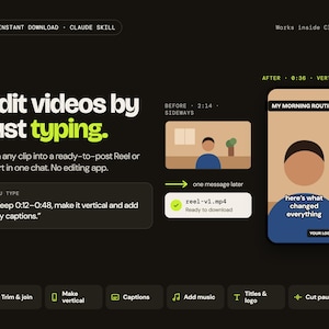 May include: A digital interface display for a video editing tool titled Edit videos by just typing. It shows a before and after process of converting a horizontal video into a vertical format with captions, including a text input box and feature icons.