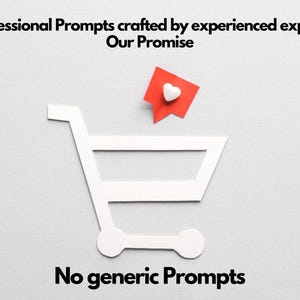 Promotional graphic with a white shopping cart, red heart bookmark, and text Our Promise and No generic Prompts, highlighting expert-crafted ChatGPT marketing analytics prompts.