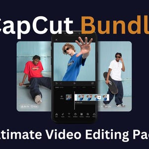 Könnte beinhalten: Ein Telefonbildschirm, auf dem die CapCut-App mit dem Text "CapCut Bundle Ultimate Video Editing Pack" angezeigt wird. Der App-Bildschirm zeigt eine Videobearbeitungs-Zeitleiste mit verschiedenen Bearbeitungswerkzeugen und eine Vorschau eines Videoclips.