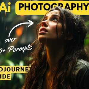 Puede incluir: Una mujer con cabello largo y castaño mira hacia arriba a la lluvia. El texto "Ai Photography" está en un cuadro amarillo en la parte superior de la imagen. El texto "over 500+ Prompts" está en un cuadro blanco con una flecha blanca que apunta hacia la derecha. El texto "Midjourney Guide" está en un cuadro amarillo en la parte inferior de la imagen.