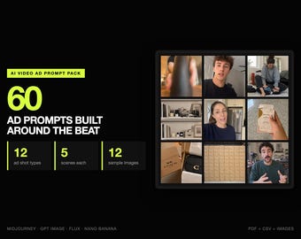 60 AI Video Ad Prompts, 12 Ad Shot Types | Hook, Problem, Demo, Proof and CTA | UGC, Before After, Unboxing, Founder | Meta and TikTok
