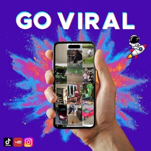 Go Viral text above a hand holding a phone with a grid of funny fails reel clips, on a purple background with colorful splash effects and TikTok, YouTube, and Instagram icons.