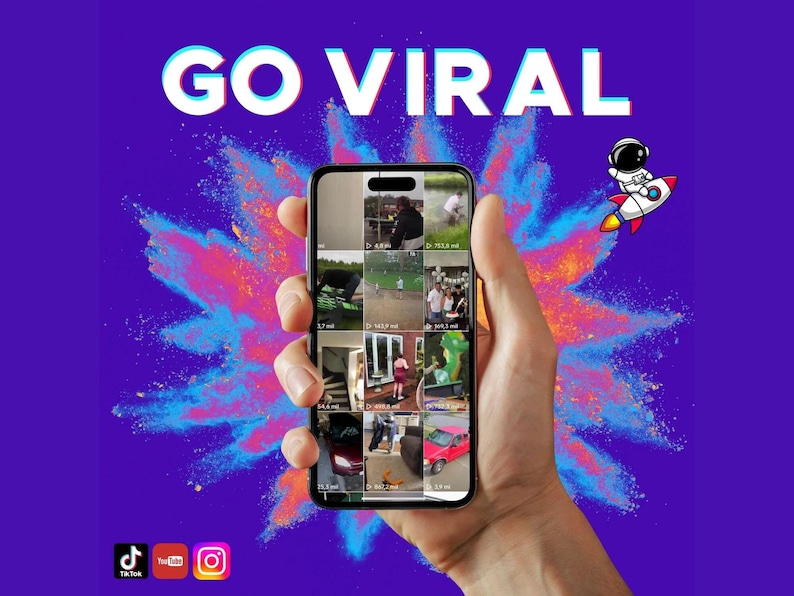 Go Viral text above a hand holding a phone with a grid of funny fails reel clips, on a purple background with colorful splash effects and TikTok, YouTube, and Instagram icons.
