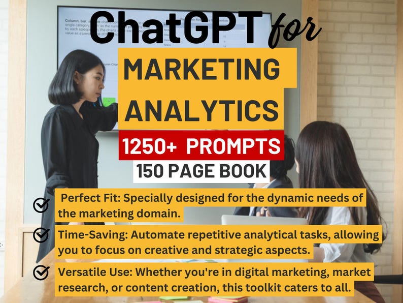 Cover image showing a marketing meeting with bold text ChatGPT for Marketing Analytics, 1250+ Prompts, 150 Page Book, plus highlighted benefits for marketers and market research.