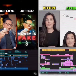 May include: A split screen image showing a before and after effect of a video editing process. The before image shows a man holding a dollar bill and talking into a microphone. The after image shows the same man with a green screen effect and the text "MONEY IS FAKE" superimposed on the image. The bottom of the image shows a video editing timeline.