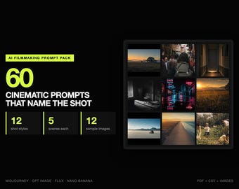 60 AI Filmmaking Prompts, 12 Cinematic Shot Styles | Establishing, Handheld, Dolly Push, Noir, Neon, Anamorphic | Video and Image AI