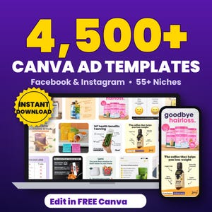 Könnte beinhalten: Eine digitale Grafik mit über 4.500 Canva-Anzeigenvorlagen für Facebook und Instagram in mehr als 55 Nischen. Das Bild zeigt einen Laptop- und Smartphone-Bildschirm mit verschiedenen Marketing-Designs, einem gelben Badge und Text.