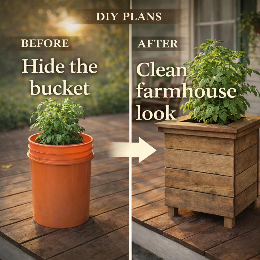 Hidden 5 Gallon Bucket Planter Plans - Farmhouse Planter Box DIY ...