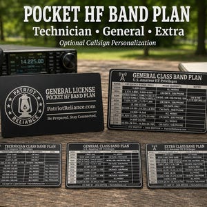 May include: A set of black rectangular cards featuring white text and graphics detailing amateur radio band plans. The cards display frequency ranges, mode segments, and notes for Technician, General, and Extra class licenses, including the Patriot Reliance logo.