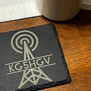 Personalized HAM Radio Call Sign Slate Coaster - Custom Engraved Gift for Ham Operators - Radio Shack Decor
