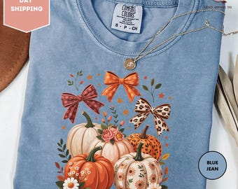 Boho Fall Pumpkin Shirt With Bows, Cute Autumn Comfort Colors Tee, Fall Floral Pumpkin Sweatshirt, Thanksgiving Shirt Women