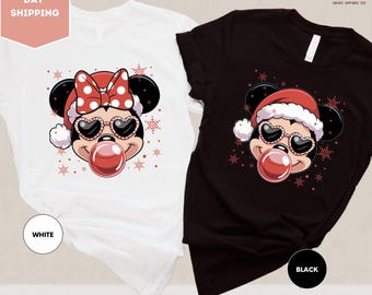 Christmas Mouse Santa Hat Blowing Bubble Shirt, Holiday Mouse Ears Shirt, Christmas Couples Shirt, Mouse Blowing Bubble Shirt, Christmas Tee