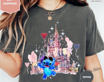 Comfort Colors Disney Castle and Stitch Shirt, Stitch Shirt, Disney Vacation Shirts, Disney Shirt, Disney Castle Shirt, Magic Kingdom Shirt
