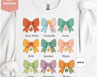 Coquette Bows Watercolor Disney Princess Sweatshirt, Disney Aurora Ariel Belle Cinderella Tiana Sweatshirt, Magic Kingdom Disneyland Sweater