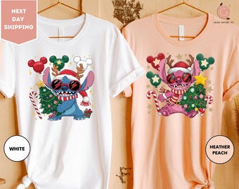 Disney Couple Santa Stitch And Angel Christmas Shirt, Stitch Couple Shirt, Stitch Holiday Shirt, Disney Christmas Shirt, Disneyland Family