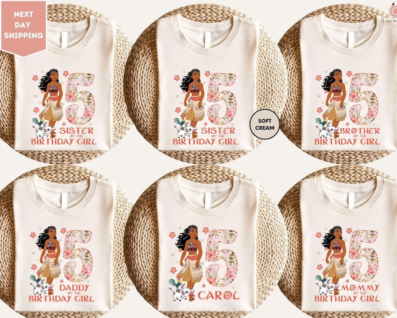 The image is a collage of six identical white t-shirts, each featuring a different design and text related to a birthday celebration.