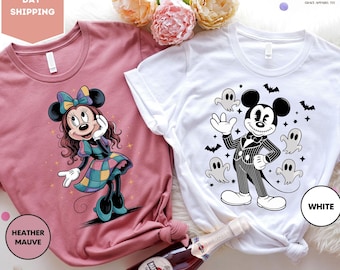 Disney Halloween Matching Couple Shirt, Mickey and Minnie Jack and Sally T-Shirt, Spooky Family Shirt, Funny Mickey Minnie Spooky Shirts