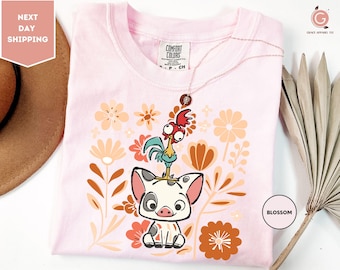 Comfort Colors Retro 70s Pua And Hei Hei Floral Shirt, Disney Moana Shirt, Disneyland Trip Shirt, Disney Friends Shirt, Disney Animal Shirt