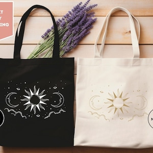 Sun and Moon Tote Bag, Celestial Tote Bag, Witchy Tote Bag, Moon Boho Bag, Astronomy Tote Bag, Flowers Bag, Shopping Bag, Gift For Summer