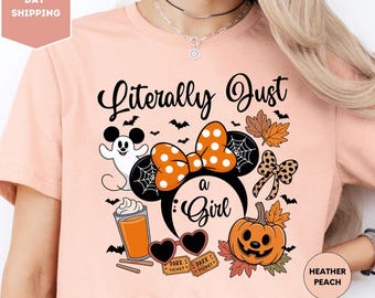 Disney Literally Just A Girl Halloween Shirt, Minnie Bow Coffee Tee, Disney Pumpkin Fall Shirt, Disneyland Halloween Tee, Disney Girls Trip