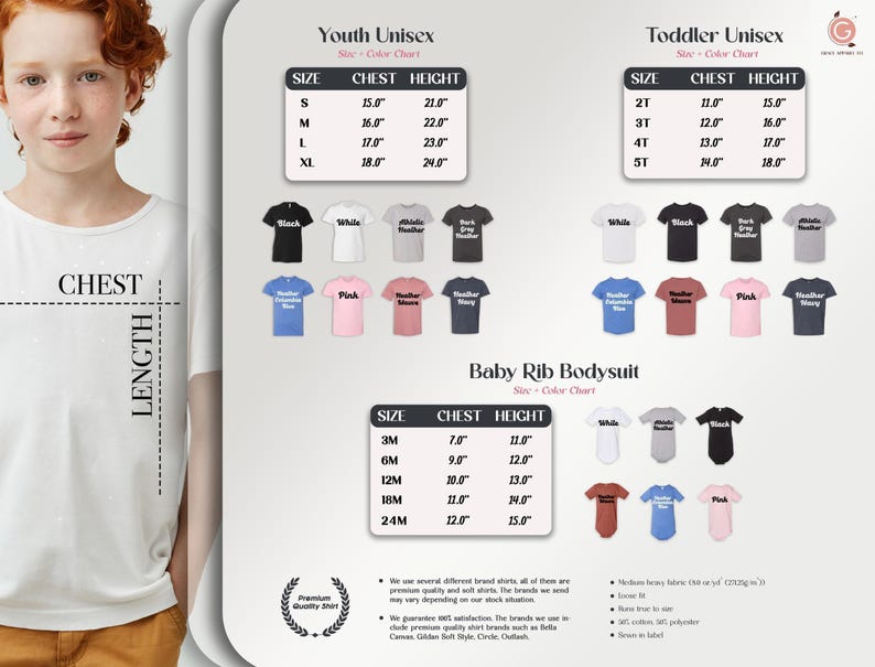 The image is a collage of various images, including a young girl with red hair, a white shirt, and different colored shirts. The collage also includes a chart with size and chest height information for different age groups, as well as a chart with color charts for different age groups.