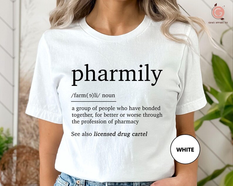a woman wearing a white t - shirt with the words pharmly printed on