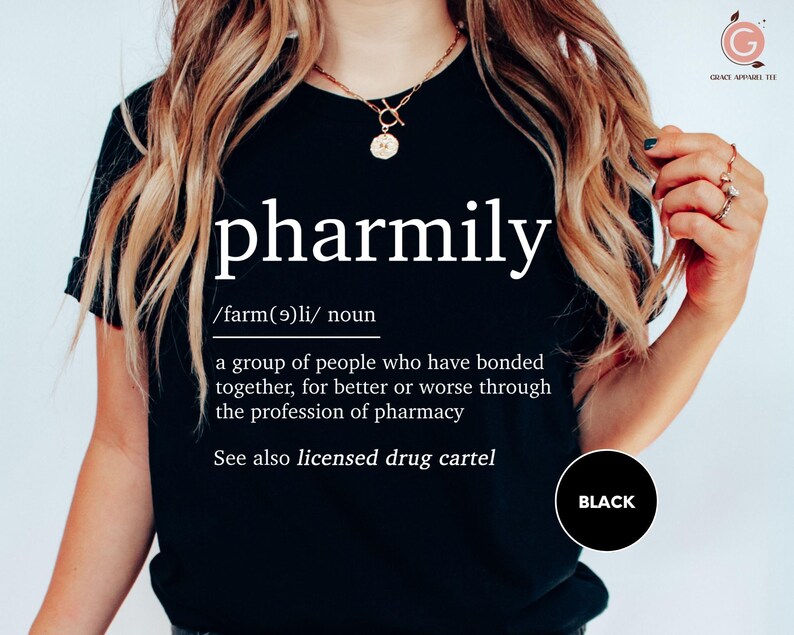 a woman wearing a black t - shirt with the words pharmily on it
