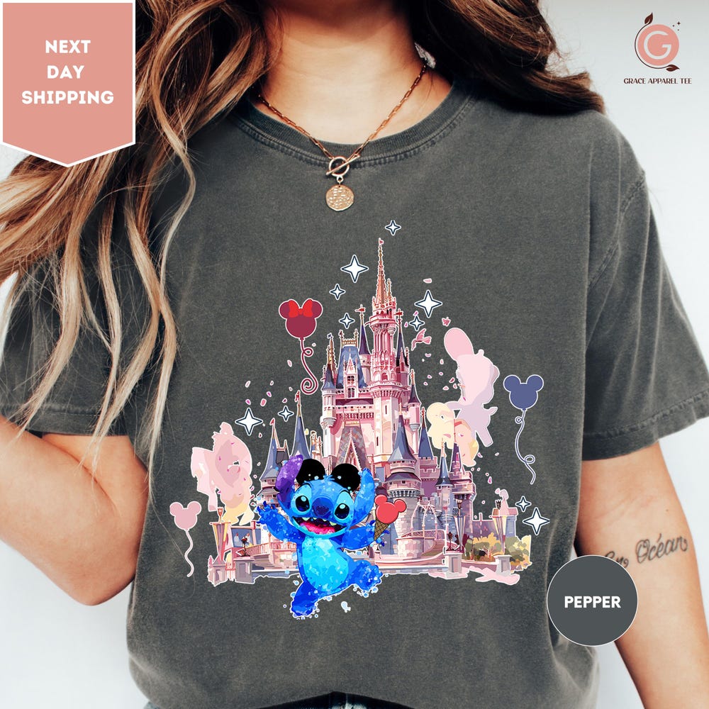 Comfort Colors Disney Castle And Stitch Shirt, Stitch Shirt, Disney Vacation Shirts, Disney Shirt, Disney Castle Shirt, Magic Kingdom Shirt