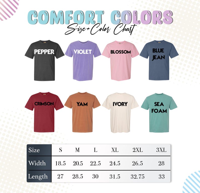 a size chart for various t-shirt colors, including Pepper, Violet, Blossom, Blue Jeans, Crimson, YAM, Ivory, Sea Foam, and others. The chart provides size and color information for each shirt, including widths and lengths.