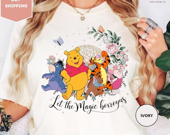 Comfortkleuren Winnie de Poeh laat de magische bloesem shirt, Winnie de Pooh bloemenshirt, familie Disney Epcot bloementuin festivalshirt