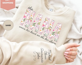 Sudadera personalizada para abuela, con el nombre del niño en la manga, suéter para abuela, regalo personalizado para abuela, esta abuela lleva su corazón en la manga.