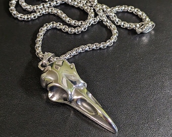 Silver Stainless Steel Raven Skull Necklace