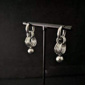 Nebula Chainmaille Gothic Grunge Gathered Rings and Ball Pendant Stainless Steel Huggie Hoop Earrings