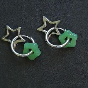 Steel and Green Star Huggie Hoop Earrings