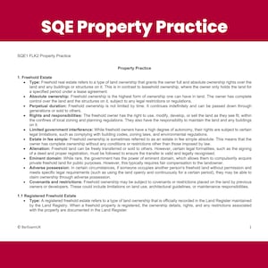May include: A page from a textbook about property law, with the title "SQE Property Practice" and a section titled "Freehold Estate". The text describes the different types of freehold ownership, including absolute ownership, perpetual duration, rights and responsibilities, limited government interference, estate in fee simple, alienation, eminent domain, adverse possession, and covenants and restrictions.