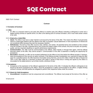 May include: A black and white document with the title "SQE Contract" and text about the formation of a contract, including the criteria for a valid offer and acceptance.