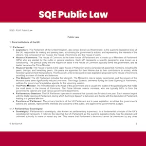 May include: A page from a textbook about the UK Parliament, with the title "SQE Public Law" and a section titled "Core Institutions of the UK". The text describes the different branches of the UK government, including the House of Commons, the House of Lords, and the Monarch.